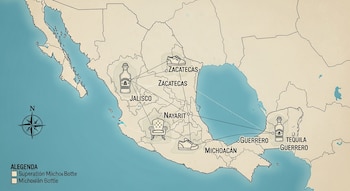 Mapa de México con estados de Jalisco, Zacatecas, Nayarit, Michoacán, Guerrero, íconos de botella, zapato y sillón, líneas de conexión y brújula.