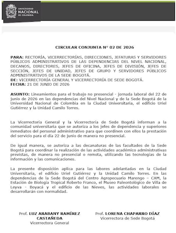 La Vicerrectoría General y la Vicerrectoría de Sede Bogotá comunicaron la autorización del trabajo remoto a la comunidad universitaria - crédito Universidad Nacional