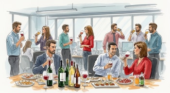 Ilustración de acuarela de diez personas en una oficina con botellas de vino, copas, vasos, bandejas con aperitivos y computadoras.