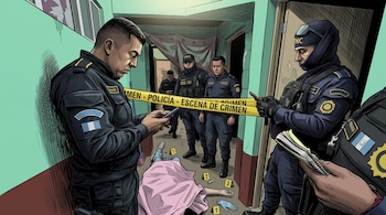 Ilustración de agentes policiales junto a una cinta de escena del crimen, un cuerpo cubierto en el suelo y marcadores numerados de evidencia.