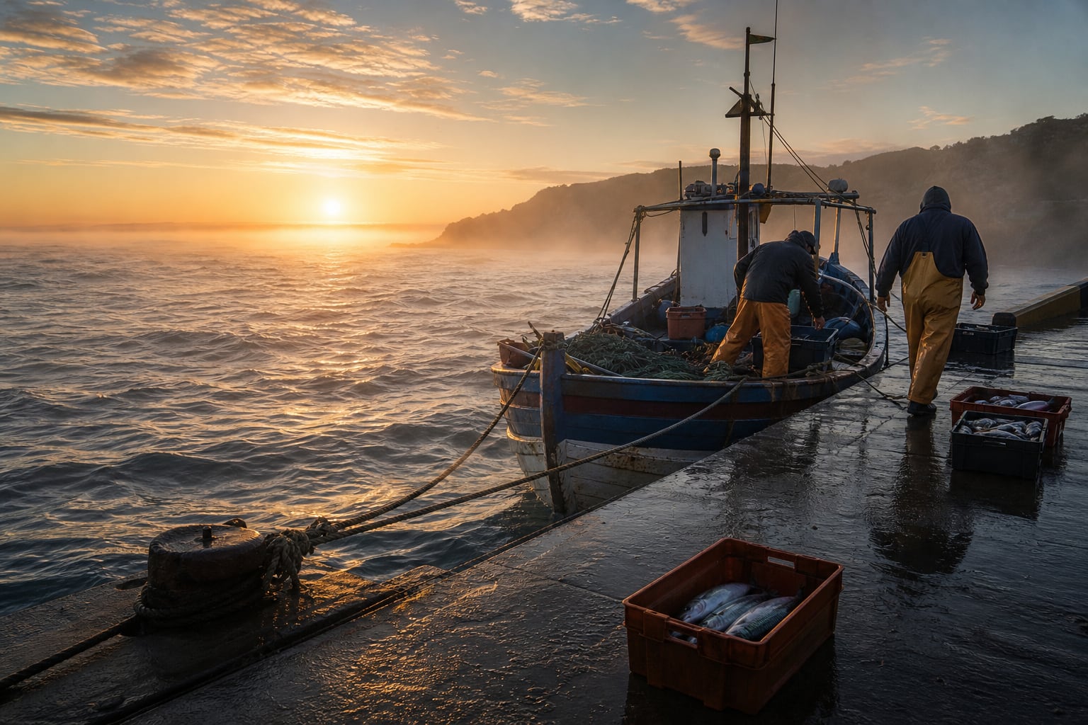 Pescadores artesanales desembarcan cajas con capturas de pescado en un muelle durante el amanecer. (Imagen Ilustrativa Infobae)