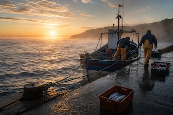 Un barco pesquero de madera amarrado a un muelle donde dos personas con trajes impermeables mueven cajas de plástico con pescados al amanecer.