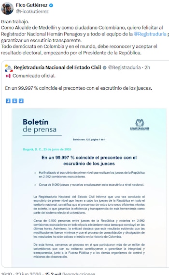 Federico Gutiérrez felicitó a la Registraduría y llamó a reconocer los resultados electorales - crédito @FicoGutierrez/X