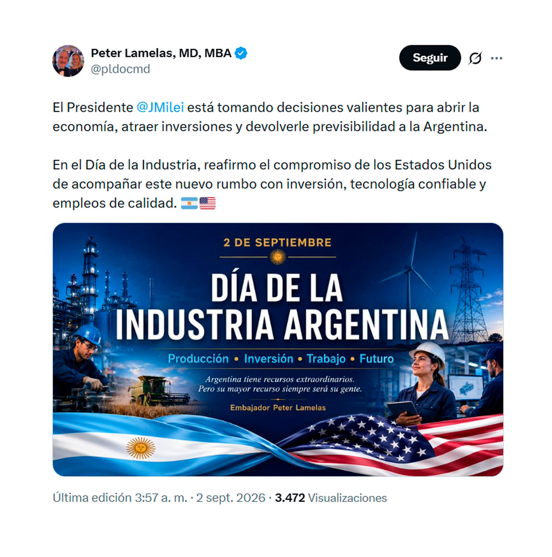 El posteo de Peter Lamelas