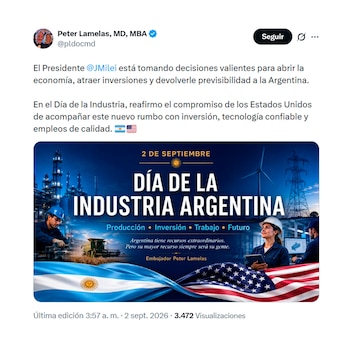 Publicación con un cartel del Día de la Industria Argentina, trabajadores industriales y las banderas de la Argentina y los Estados Unidos