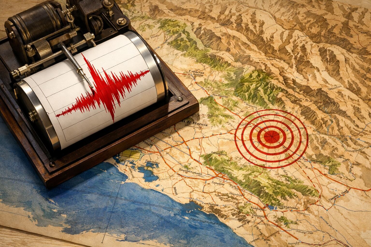 Un sismógrafo antiguo sobre un mapa detallado de la región de Ica muestra el registro de ondas sísmicas y un epicentro, ilustrando la actividad geológica. (Imagen Ilustrativa Infobae)