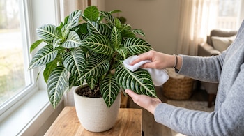 Manos de una persona que limpian con un paño blanco la hoja de una planta en maceta sobre una mesa de madera junto a una ventana.