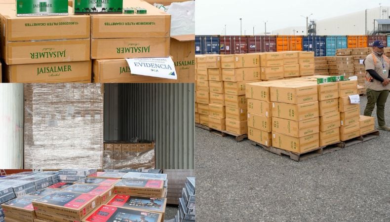 La Dirección General de Aduanas y el Ministerio Público interceptaron en el Puerto Multimodal Caucedo un cargamento irregular con 4.5 millones de cigarrillos y 961 televisores. (Cortesía: Dirección General de Aduanas)