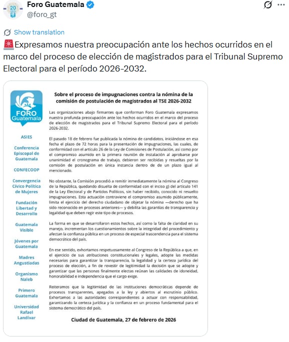 De acuerdo con el Foro de Guatemala, la Comisión de Postulación omitió la fase de impugnaciones ciudadanas y envió la lista de aspirantes directamente al Congreso. (Cortesía: Foro Guatemala)