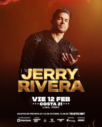 Fotografía promocional de Jerry Rivera con vestimenta negra sobre fondo oscuro y textos dorados con datos de su concierto en Lima