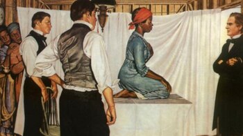 Recreación del doctor James Marion Sims con una de sus pacientes. (Imagen de archivo)