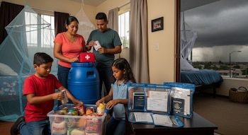 Cuatro personas en una habitación con mosquiteros, un bidón azul, un botiquín rojo, alimentos enlatados y documentos en bolsas. Afuera, lluvia.