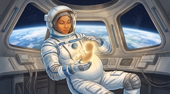 Astronauta embarazada con traje espacial, visor abierto, flota en estación espacial. Sostiene un feto iluminado. Ventanillas muestran la Tierra y el espacio.
