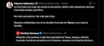 Paloma Valencia rechazó el secuestro de Alfredo Guzmán y culpó al Gobierno Petro - crédito X