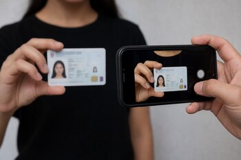 Manos que sostienen un teléfono móvil enfocado hacia un documento de identidad sostenido por una persona vestida de negro.