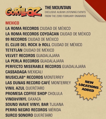 Póster promocional de Gorillaz para eventos de escucha de su álbum 'The Mountain' en México, listando tiendas y ciudades, con un aviso de 'NEW LOCATIONS ADDED'
