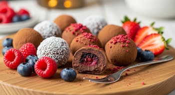 Trufas de chocolate con cacao, coco y frambuesa. Una cortada expone relleno de frutos rojos. Junto a frambuesas, arándanos y fresas en tabla de madera.
