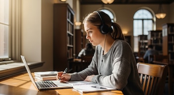 Plano medio de una estudiante joven con cabello recogido, suéter gris y auriculares negros, escribiendo en un cuaderno junto a su laptop en una biblioteca.
