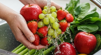 Primer plano de manos sosteniendo y lavando manzanas, uvas verdes y fresas rojas bajo el agua en un fregadero, con hojas verdes de fondo.