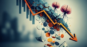 Gráfico conceptual con una flecha naranja descendente, cerebros con raíces, billetes y monedas cayendo, y barras decrecientes sobre un fondo gris azulado.