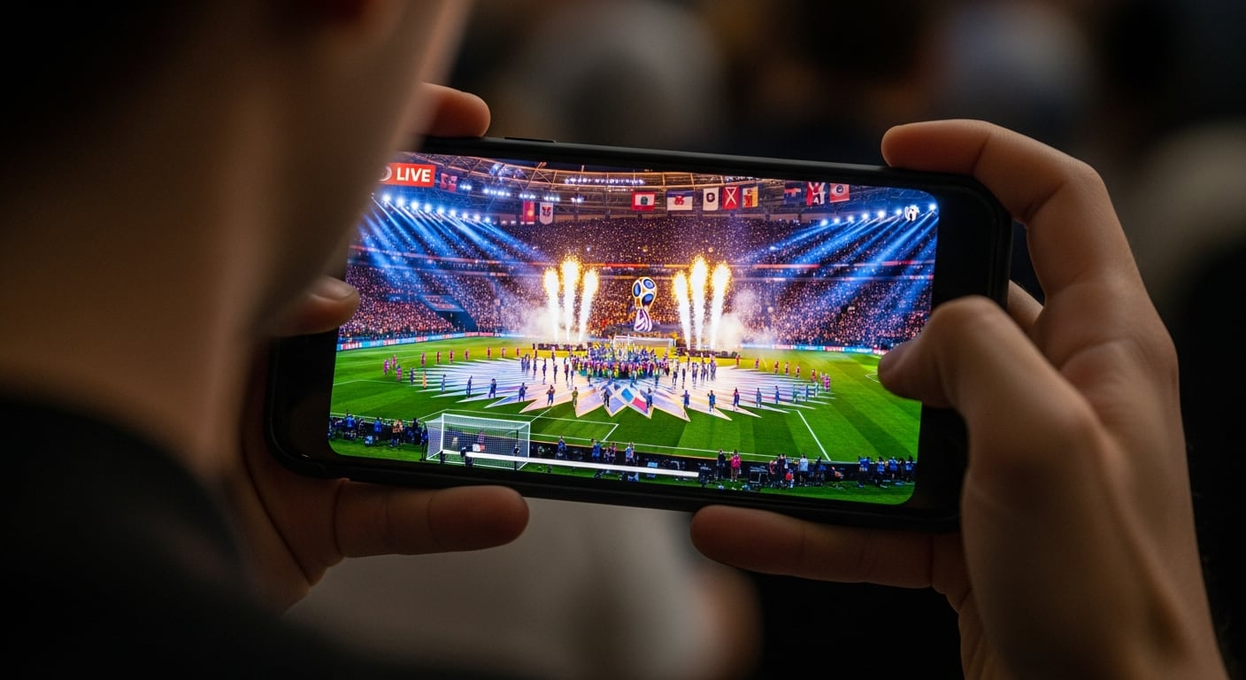 Un primer plano muestra a una persona viendo la espectacular inauguración del Mundial de Fútbol en la pantalla de su teléfono móvil. (Imagen Ilustrativa Infobae)