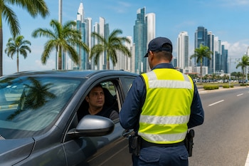 Un policía de tránsito con chaleco amarillo habla con un conductor dentro de un vehículo en una calle con rascacielos.