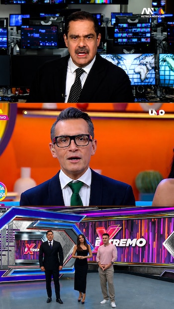 Tres imágenes apiladas de presentadores de TV Azteca: un ancla de noticias, un conductor de programa matutino y tres presentadores de entretenimiento en sus respectivos sets
