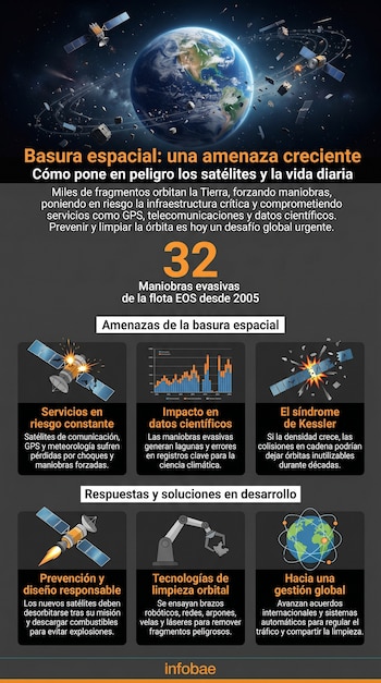 Ilustración de la Tierra orbitada por numerosos satélites funcionales y una densa nube de basura espacial compuesta por fragmentos de diversos tamaños.