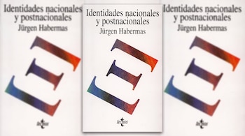 Cubierta del libro Identidades nacionales y postnacionales de Jürgen Habermas, con la letra E en colores y el logo de Tecnos.