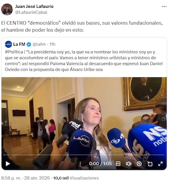 Juan José Lafaurie criticó a Paloma Valencia por abrir su gabinete a ministros de diferentes corrientes - crédito @LafaurieCabal/X