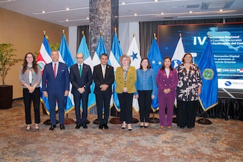 Ocho personas posan frente a ocho banderas nacionales e institucionales y una pantalla con texto. En la escena también se observa una maceta con plantas