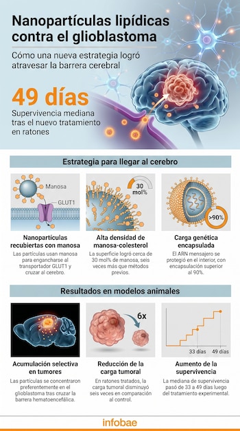 Infografía sobre nanopartículas lipídicas contra el glioblastoma con imágenes del cerebro, neuronas, diagramas moleculares y gráficos de resultados.