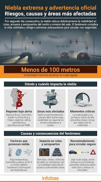 Infografía sobre niebla extrema en Argentina, mostrando una carretera con vehículos y un avión entre la bruma, mapas regionales y gráficos con datos y consejos.
