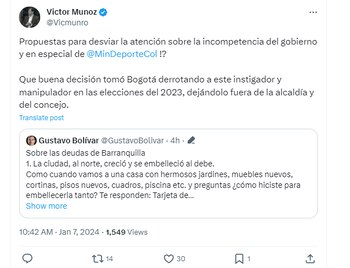 Víctor Muñoz arremetió contra Gustavo Bolívar por proponer dos nuevas sedes para los Panamericanos