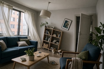 Sala con sofá azul, mesa de madera, estantería inclinada con libros en el suelo, un cuadro torcido en la pared y una lámpara colgada.