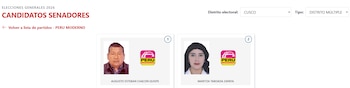 Captura de pantalla de una página web mostrando las fotos de dos candidatos al Senado por Cusco: Augusto Esteban Chacón Quispe y Maritza Taboada Zapata, ambos de Perú Moderno