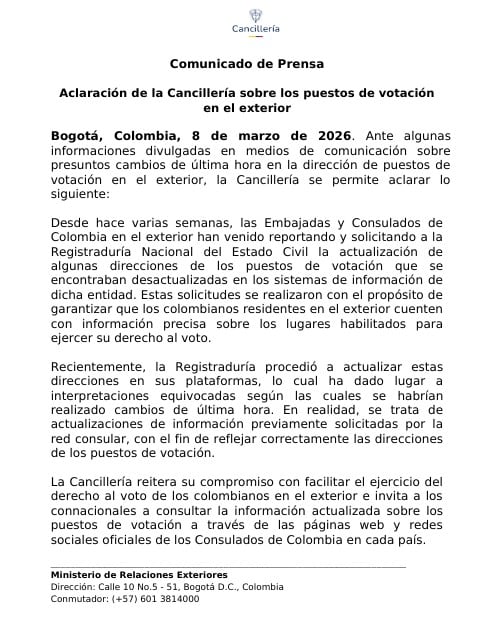 La Cancillería de Colombia aclaró que la actualización de direcciones de 58 puestos de votación en el exterior no corresponde a cambios de última hora, sino a correcciones previamente reportadas por embajadas - crédito Cancillería de Colombia