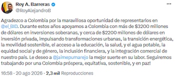 Roy Alejandro Barreras destaca inversiones y se despide de la representación de Colombia ante el BID - crédito @RoyAlejandroB/X