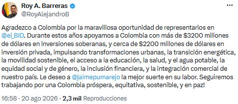 Roy Alejandro Barreras destaca inversiones y se despide de la representación de Colombia ante el BID - crédito @RoyAlejandroB/X