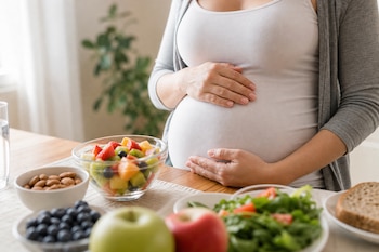 Una mujer embarazada sostiene sus manos sobre el vientre frente a una mesa con tazones de fruta, ensalada, frutos secos y pan.