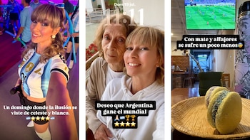Tres imágenes. Mujer con camiseta de Argentina, mujer con mujer mayor, dos alfajores, un mate, un termo y una televisión con partido de fútbol