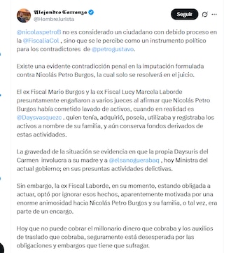 El abogado Alejandro Carranza aseguró que Nicolás Petro Burgos, su defendido, es un instrumento político para los contradictores del expresidente Gustavo Petro - crédito @HombreJurista/X