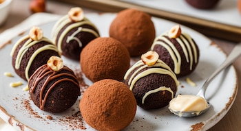 Un plato rústico con trufas de galleta de chocolate y crema de avellanas. Algunas están espolvoreadas con cacao y otras decoradas con glaseado y avellanas.