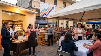 Varias mujeres interactúan en un mercado al aire libre con puestos de panadería y tiendas. Algunas visten delantal, otras ropa de negocios. Un toldo blanco y una bandera con flechas de colores son visibles.