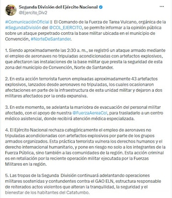El Comando de la Fuerza de Tarea Vulcano informó que un ataque con drones cargados con explosivos impactó una base militar en el municipio de Convención en Norte de Santander y dejó a dos militares afectados - crédito @Ejercito_Div2/X