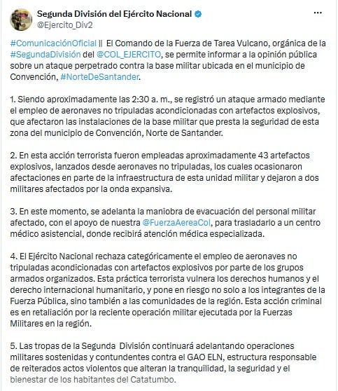 El Comando de la Fuerza de Tarea Vulcano informó que un ataque con drones cargados con explosivos impactó una base militar en el municipio de Convención en Norte de Santander y dejó a dos militares afectados - crédito @Ejercito_Div2/X