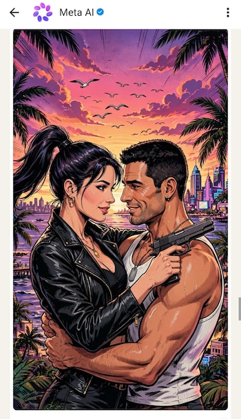 Dibujo estilo cómic de un hombre y una mujer abrazados frente a un atardecer con palmeras y edificios, mientras el hombre sostiene una pistola