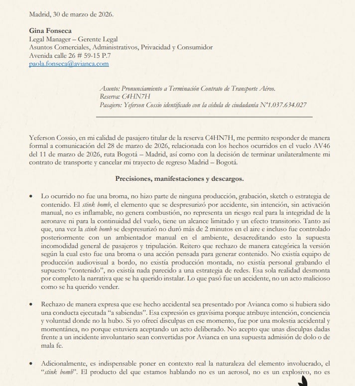 La versión ofrecida enfatiza que la sustancia implicada no representó un riesgo para la seguridad del vuelo y que su efecto fue pasajero y controlable por la tripulación en pocos minutos - crédito Gina Fonseca, Legal Manager