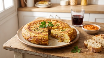 Un plato con tortilla de patatas con cebolla y una porción cortada. También hay un vaso de vino tinto, rebanadas de pan y un cuenco de salsa.
