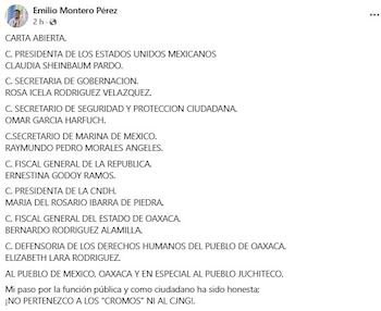 Fragmento de la carta publicada por el ex alcalde de Juchitán. Captura de pantalla